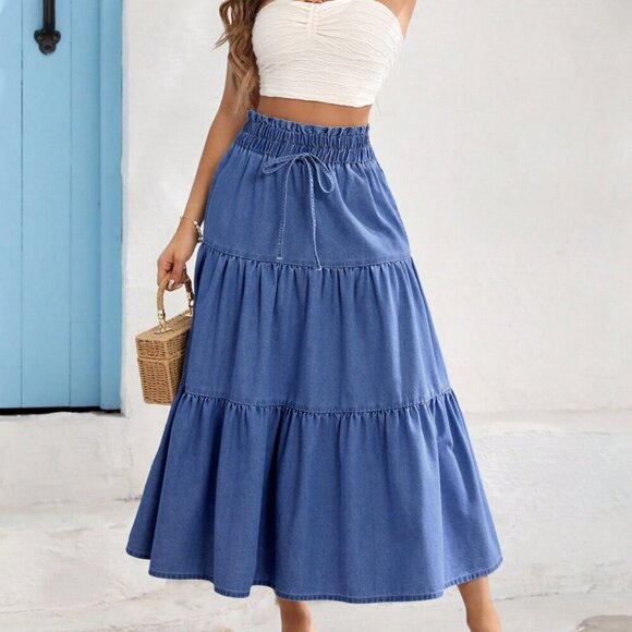 Medium Wash Boho Women's Relaxed Elastic Waist Long Denim Skirt - Picture 1 of 6